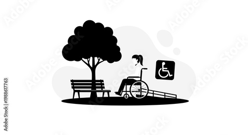 A person in a wheelchair navigates a ramp next to a park bench and a large tree in a stark black and white graphic illustration of accessible urban design.
