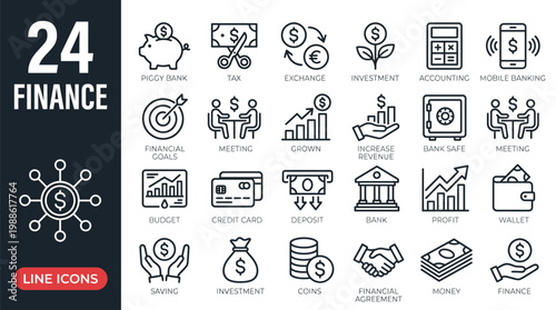 Finance thin line icon set. Saving, increasing and spending finances. Payments elements, budget, loan, bank, deposit, money, profit, piggy bank - stock vector.