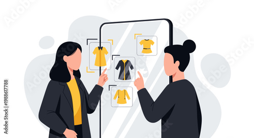 Two women interact with a large digital mirror displaying floating clothing options in a clean and minimalist setting designed for modern retail experiences.