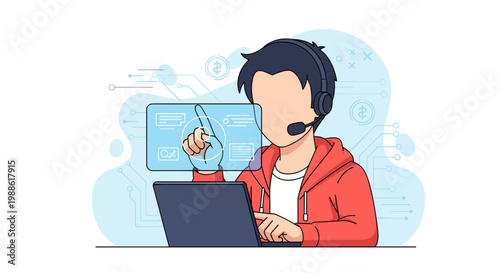 A focused young professional wearing a comfortable red hoodie and headset interacts with a glowing digital interface while working on a sleek laptop screen.