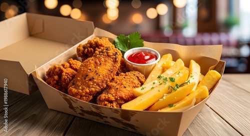 Fried hot wings and wedge fries in paper box with ketchup pack