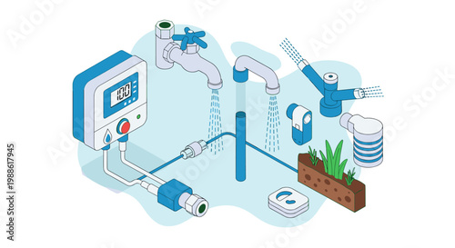 An intricate isometric irrigation system featuring a digital control panel, pipes, faucets, a sprinkler, and a small patch of soil with grass for gardening.