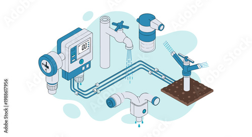 An isometric smart irrigation layout with a digital control unit, multiple pipes, a faucet, a sprinkler, and a patch of soil for efficient garden management.