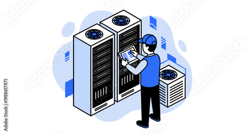 A technician wearing a blue cap and vest carefully inspects server racks using a tablet in a modern data center environment with blue accent lighting effects.