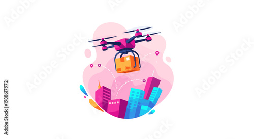 A modern autonomous delivery drone transports a small cardboard parcel across a vibrant stylized urban skyline under a soft pastel colored background motif.