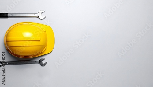 Top View Yellow Safety Helmet and Tools. Engineering and Labor Concept Minimal Background 