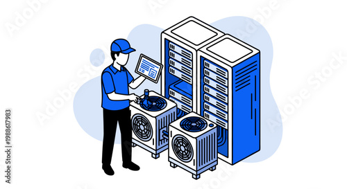 A diligent technician wearing a blue uniform performs a meticulous maintenance check on server racks and cooling units using a digital tablet interface.