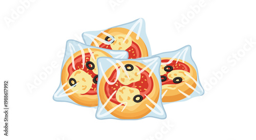 Set of small round pizzas with tomato, cheese, and black olives individually wrapped in transparent plastic film packaging, isolated vector illustration on white background.