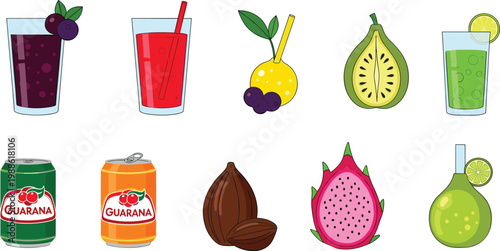 Exotic Tropical Fruit Drink Vector Illustration Set Featuring Guarana Soda Cans, Dragon Fruit, Salak, and Refreshing Berry Beverages for South American Food Designs