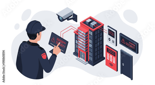 An isometric view of a security guard using a tablet to manage a building's security system with prominent red alert indicators and digital controls.