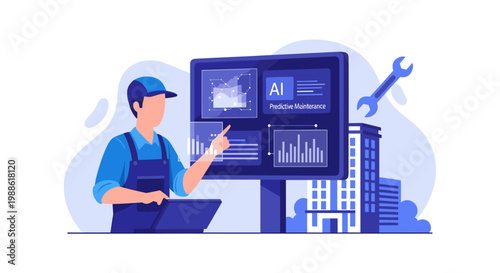 A technician in a blue jumpsuit uses a laptop to interact with a large AI predictive maintenance dashboard screen near a modern industrial building.