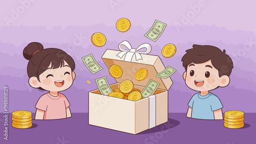 Fotografía Children with gift box full of money