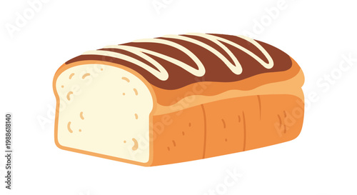 Vector illustration of a fresh loaf of sweet bread topped with dark chocolate glaze and decorative white cream drizzle isolated on a white background