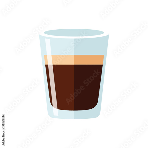Minimalist flat vector illustration of a single shot of espresso coffee with crema in a glass, isolated on a white background