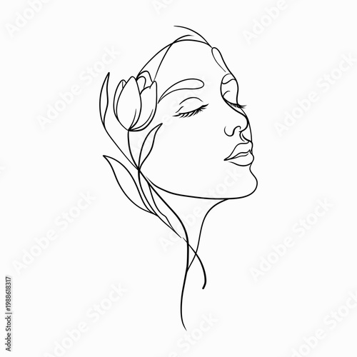 Elegant Feminine Floral Line Art Minimal Female Face Line Drawing with Flowers