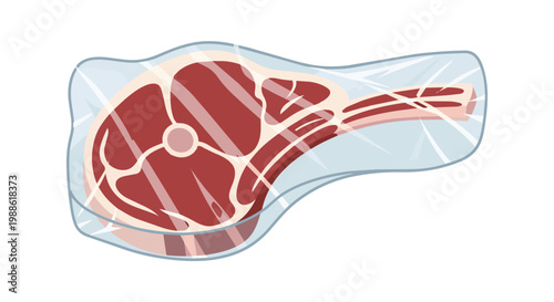 Illustration of a fresh raw beef tomahawk steak with bone wrapped in transparent plastic film for food packaging and supermarket retail concept, isolated on white background.