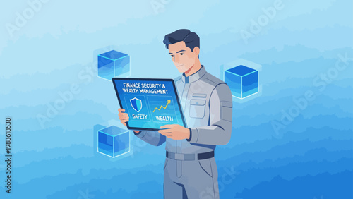 Man holding tablet with finance security and wealth management