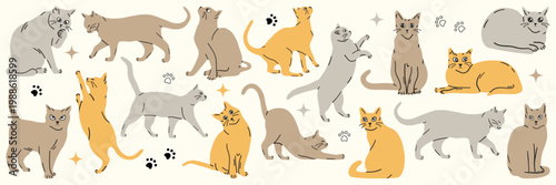 Cute and funny cats doodle vector set. Cartoon characters of cats or kittens in different poses. Set of pets, isolated.
