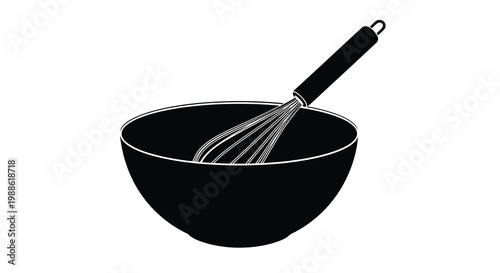 A black and white illustration depicts a mixing bowl with a wire whisk inside high quality