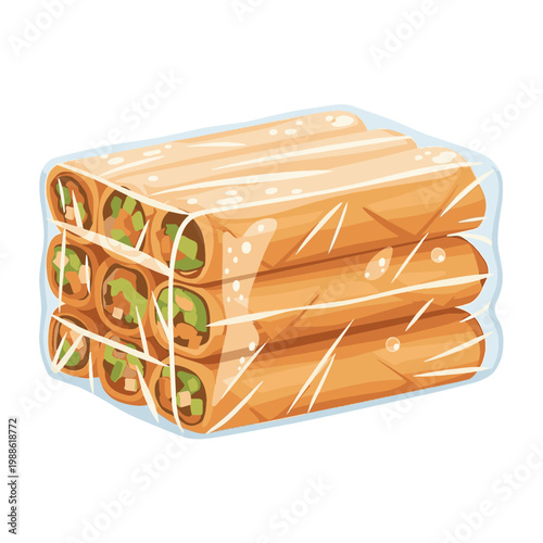 Cartoon Illustration of Frozen Vegetable Spring Rolls Stacked and Wrapped in Clear Plastic Film for Food Packaging, Isolated on White Background