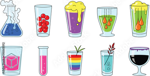 Fast Food and Cinema Snack Bar Beverage Icon Set Featuring Root Beer, Popcorn Milkshake, Raspberry Smoothie, Energy Drink, and Classic Sodas