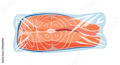 Fresh Raw Salmon Steak Slice Wrapped in Transparent Plastic Film for Preservation, Flat Vector Illustration Isolated on White Background
