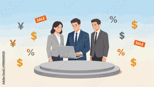 Business team with laptop and currency symbols