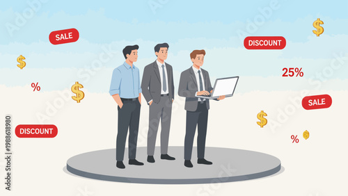Businessmen with laptop and sales symbols