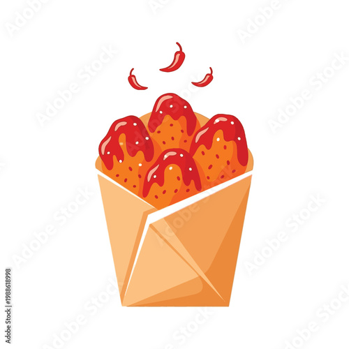 Spicy Fried Chicken Nuggets in a Paper Wrap Cone with Hot Chili Sauce Illustration Isolated on White Background