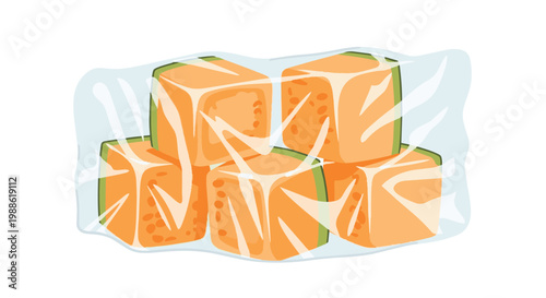 Vector illustration of fresh diced cantaloupe melon cubes in transparent plastic packaging wrap, isolated on a white background for food storage or healthy snack concept.