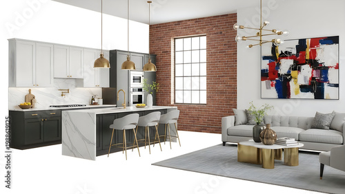 Modern kitchen and dining area with industrial accents and natural light