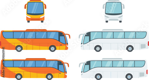 Orange and white passenger buses shown from front and side angles on a white background