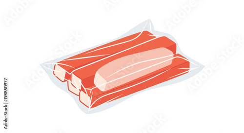 Vacuum sealed pack of surimi crab sticks in transparent plastic wrap, red and white imitation crab meat seafood product isolated on white background