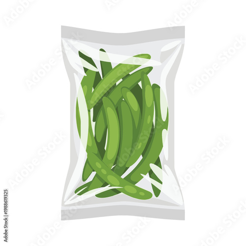 Vector illustration of a transparent plastic bag filled with fresh green beans or sugar snap peas isolated on a white background