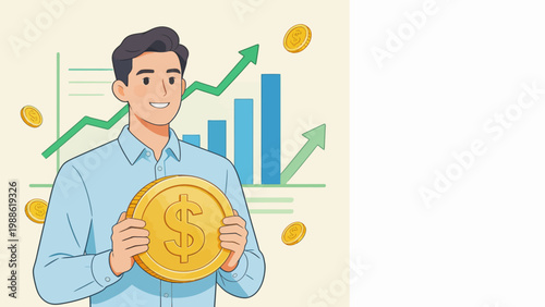 Man holding large gold coin with growth chart