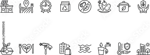 A collection of eco-friendly and sustainable living icons on a white background