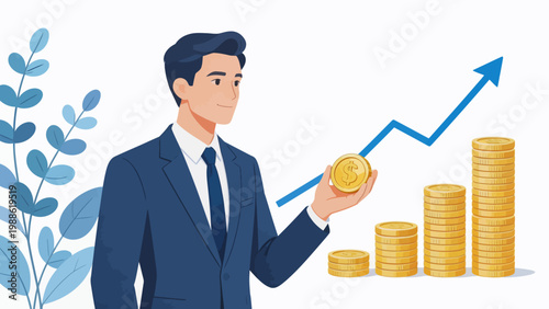 Businessman holding coin with rising chart