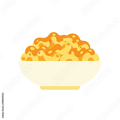 Flat vector illustration of a white bowl filled with creamy macaroni and cheese, isolated on a white background, featuring melted cheddar sauce over elbow pasta.