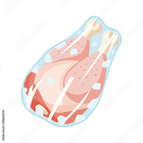 Vector illustration of a raw frozen whole chicken in a plastic vacuum bag with ice cubes, isolated on white background for supermarket grocery and cold storage concepts.