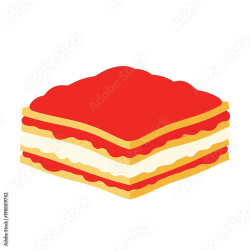Stylized Illustration of a Square Layered Cake with Red Fruit Jam and White Cream Filling Isolated on White Background