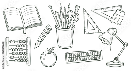 Hand-drawn sketch of various school and office supplies for education.
