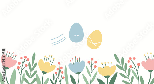 Two Easter eggs, one blue and one yellow, with a playful, dynamic feel.
