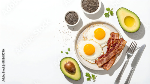 Healthy breakfast with fried eggs, crispy bacon, and fresh avocado halves isolated on white background