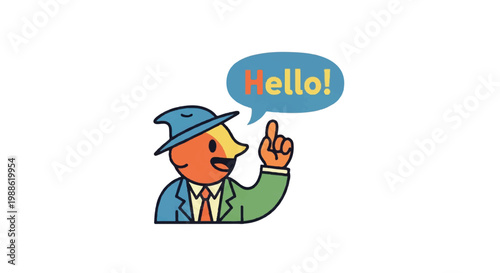 Cartoon character greeting with speech bubble isolated on white