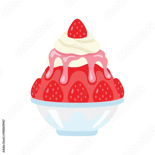 Flat vector illustration of Japanese strawberry shaved ice kakigori with whipped cream and fresh fruit syrup in a glass bowl isolated on white background.