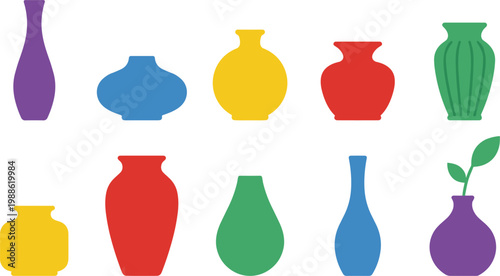 Collection of diverse colorful ceramic vases in a flat design style