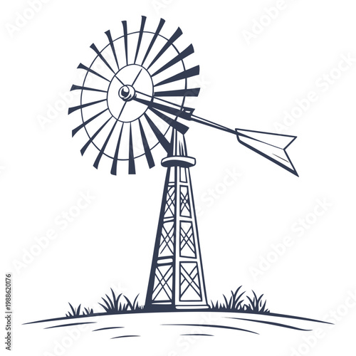 A detailed sketch showcases a classic windmill with a prominent rotor and tower set against a simple grassy landscape high quality professional