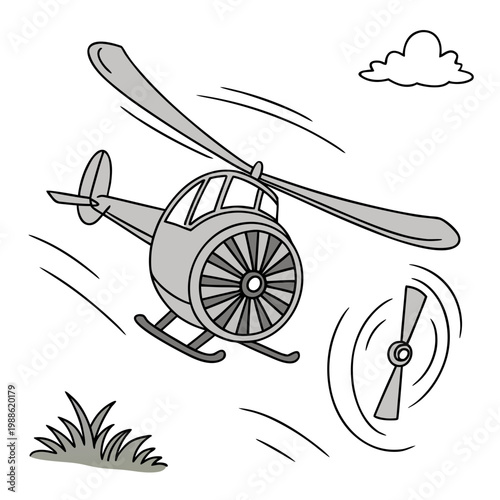 A simple grayscale illustration depicts a helicopter in flight showcasing its rotor blades fuselage and landing skids above grassy terrain high quality