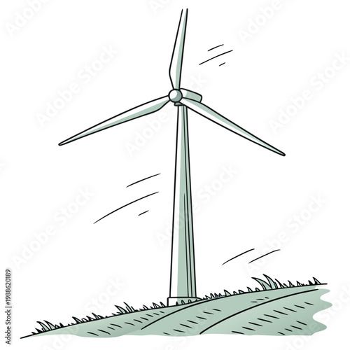 A simple hand drawn style illustration depicts a single wind turbine standing on a grassy hill representing renewable energy sources high quality