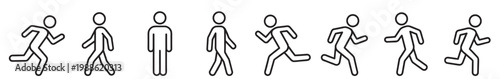 walking and running person sequence icons, human movement progression set in outline style on transparent background